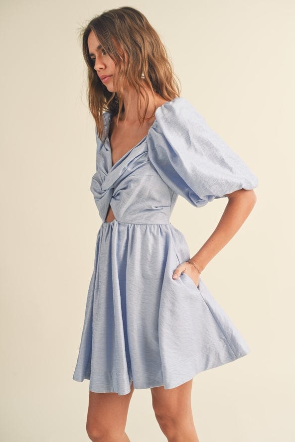 Miou Muse Miou Muse Puff Ballon Sleeve Knot Front Detail Dress in Blue - Little Miss Muffin Children & Home
