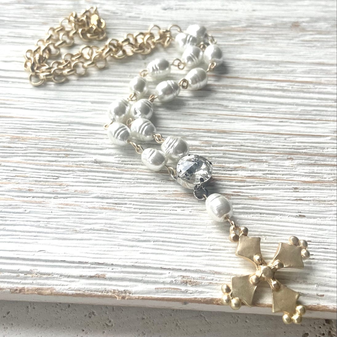 VB&CO Designs Handmade Jewelry Short Cross Pearl Necklace French K Vintage Jewlery, Matte gold - Little Miss Muffin Children & Home