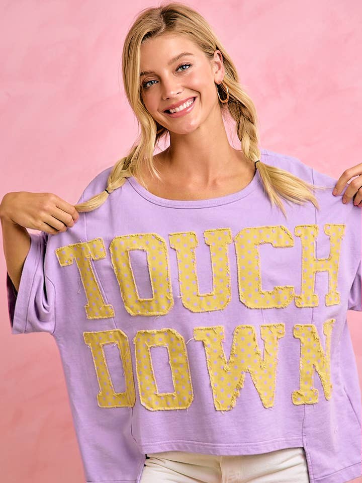 Bibi Clothing Polka Dot Patch Letters Touch Down Oversized Short Sleeve Top - Little Miss Muffin Children & Home