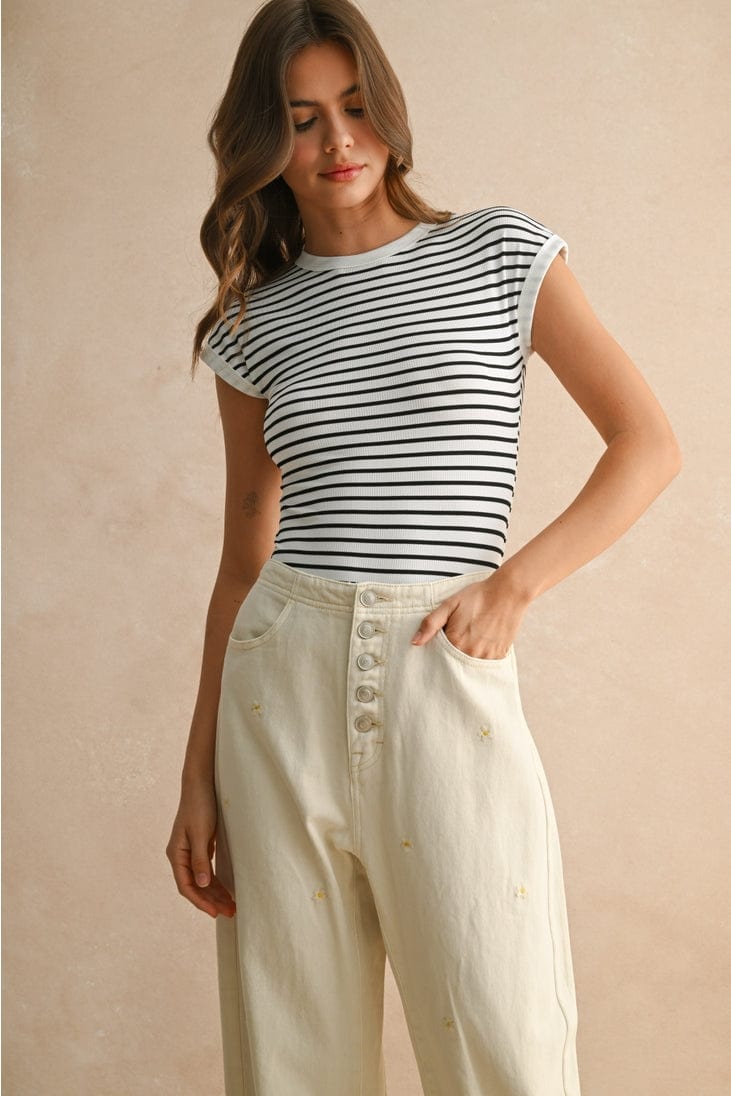Miou Muse Ribbed Striped Cap Sleeve Bodysuit in White/Black - Little Miss Muffin Children & Home