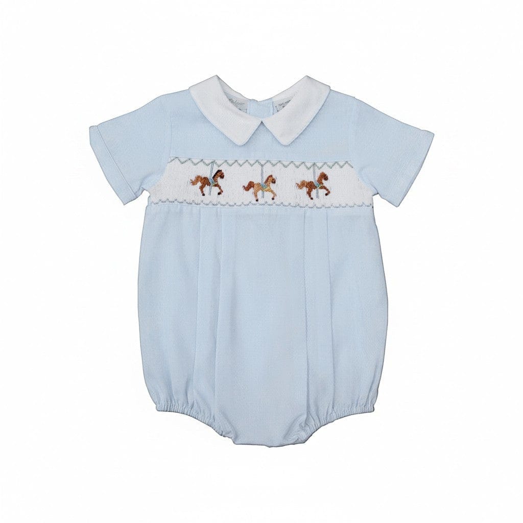 Carriage Boutique Boys Hand Smocked Light Blue Carousel Horse Classic Creeper Bubble Romper - Little Miss Muffin Children & Home
