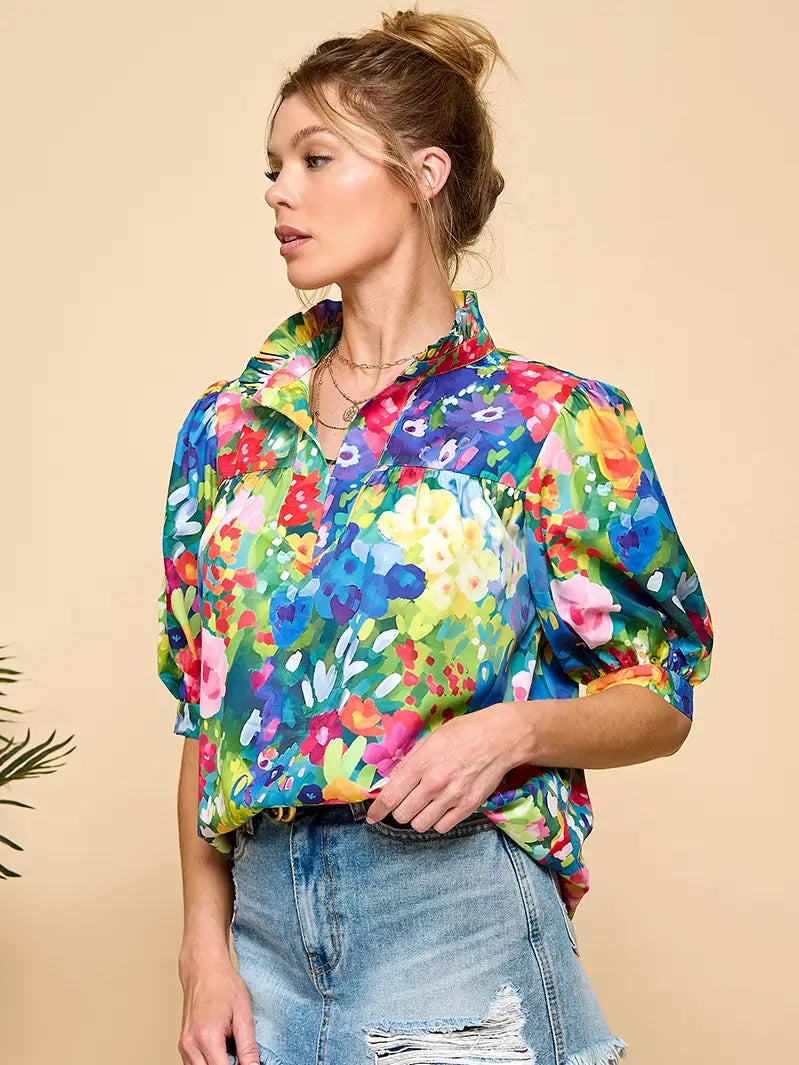 Cezele Bright Floral Puff Sleeve Blouse - Little Miss Muffin Children & Home