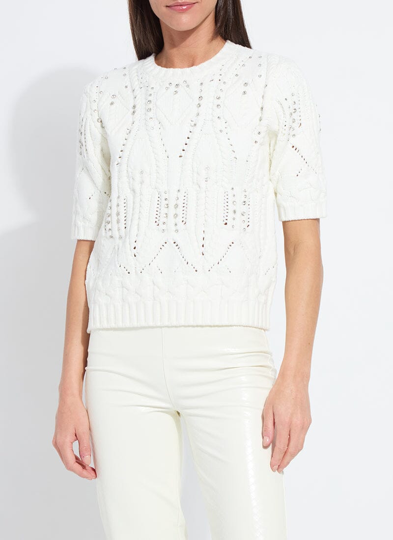 Cozy Short Sleeve Embellished Cable Sweater