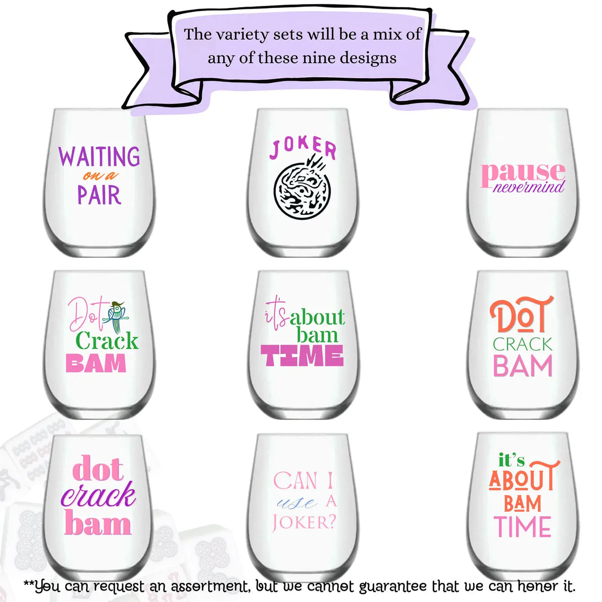 Mahjong Stemless 4ct Variety Mix Set Plastic Wine Glasses