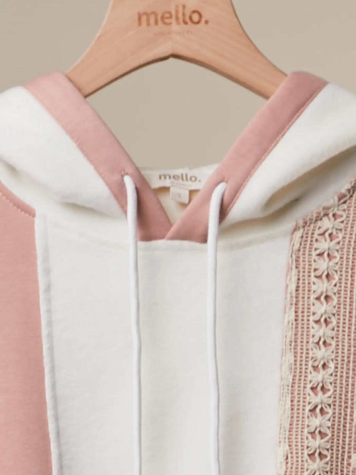 Mello. Pale Peach Ivory Crochet Trim Colorblock Zip-Up Hoodie with Drawstring Hem - Little Miss Muffin Children & Home