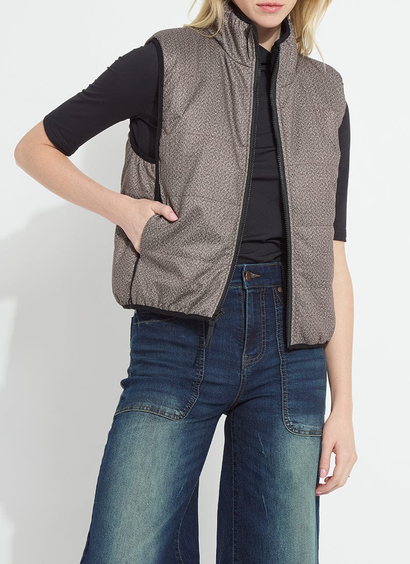 Rowyn Reversible Sleeveless Puffer Vest in Donegal Tweed by Lysse