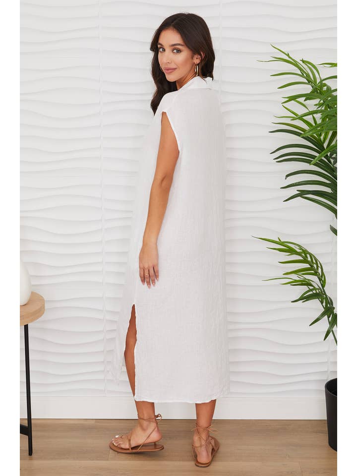 Crinkle Linen Sleeveless Midi Shirt Dress in White