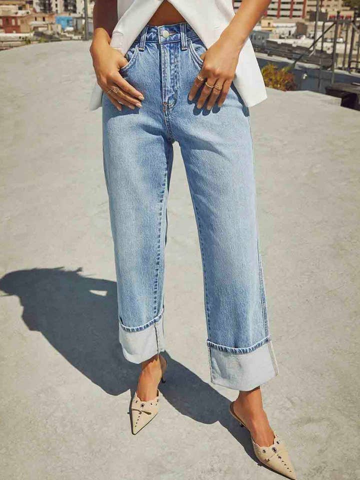 Sweetkama Medium Wash Ladies Rolled Hem Straight Leg Denim Pants - Little Miss Muffin Children & Home