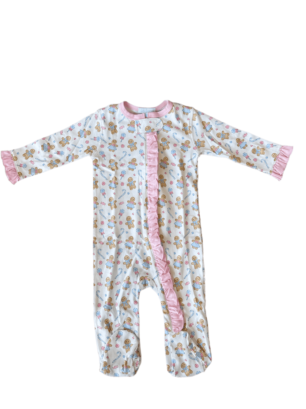 baby onesie with ginger breads and ruffle trim