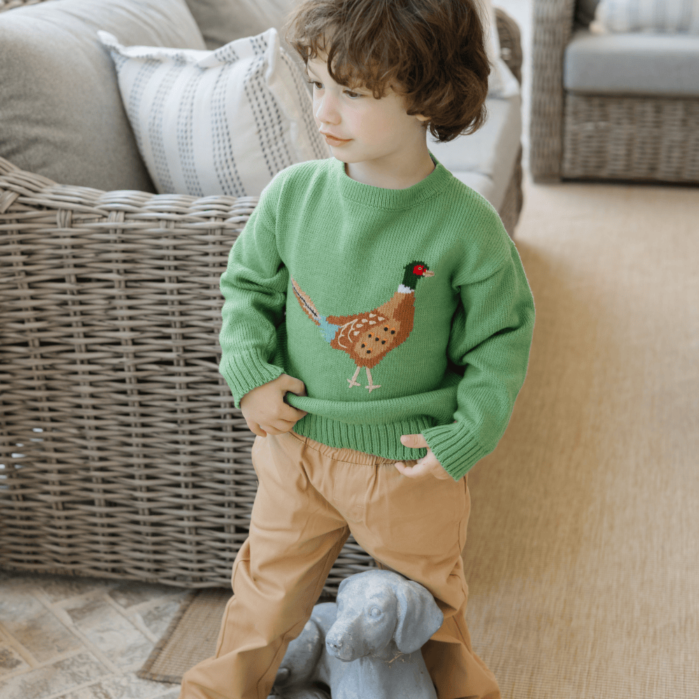 Bailey Boys A Pheasant Graphic Crew Neck Sweater in Sage Green - Little Miss Muffin Children & Home