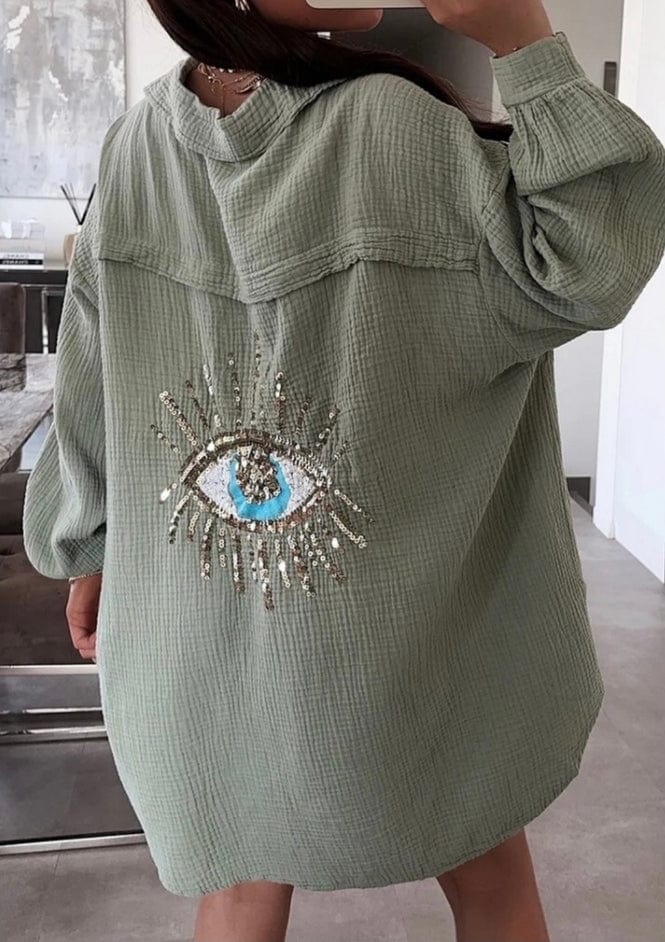 Loowie Olive Oversized Evil Eye Gauze Cotton Button Shirt - Little Miss Muffin Children & Home