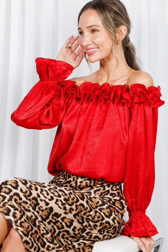 Vine & Love Vine & Love Ruffle Off-the-Shoulder Metallic Blouse in Red - Little Miss Muffin Children & Home