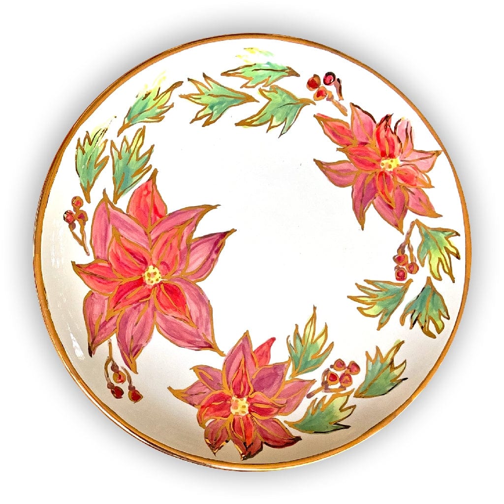 Magnolia Creative Co Poinsettia Round Platter, hand-painted poinsettia wreath with 22k gold