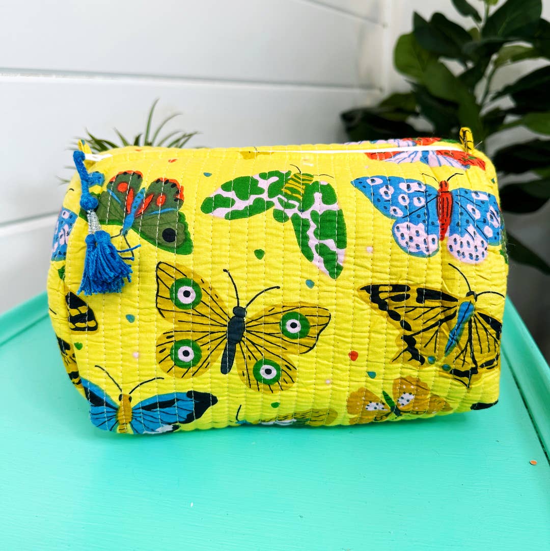 Folklore Couture Yellow Butterfly Print Quilted Cosmetic Toiletry Bag - Little Miss Muffin Children & Home