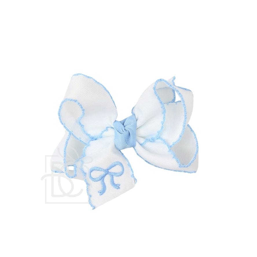 Beyond Creations Embroidered Bow Crochet Edge Hair Bow On Alligator Clip White with Millennium Blue Crochet Edge & Millennium Blue Embroidered Bow - Little Miss Muffin Children & Home