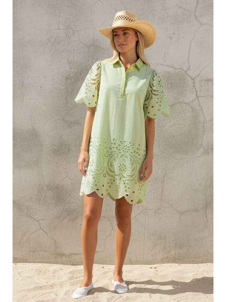 Ultramarine Scallop Hem Eyelet Embroidered Mini Dress in Irish Mint - Little Miss Muffin Children & Home