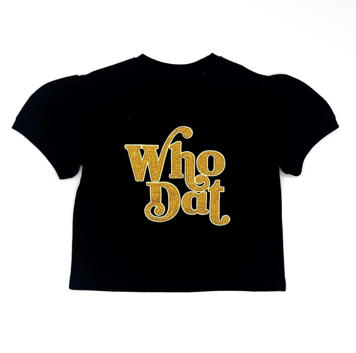 Puff sleeve Who Dat top in black and gold
