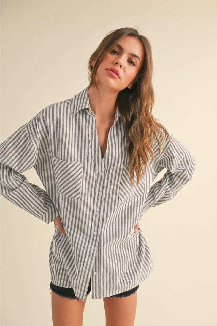 Miou Muse Striped Button Down Boyfriend Shirt in Navy - Little Miss Muffin Children & Home