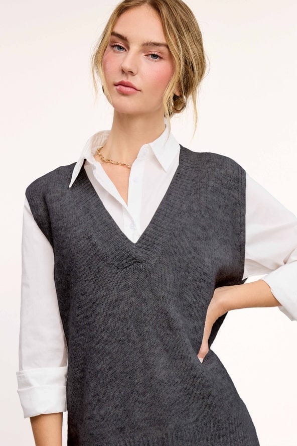 La Miel La Miel Oversized Knit Deep V-Neck Sweater Vest in Black Sesame - Little Miss Muffin Children & Home