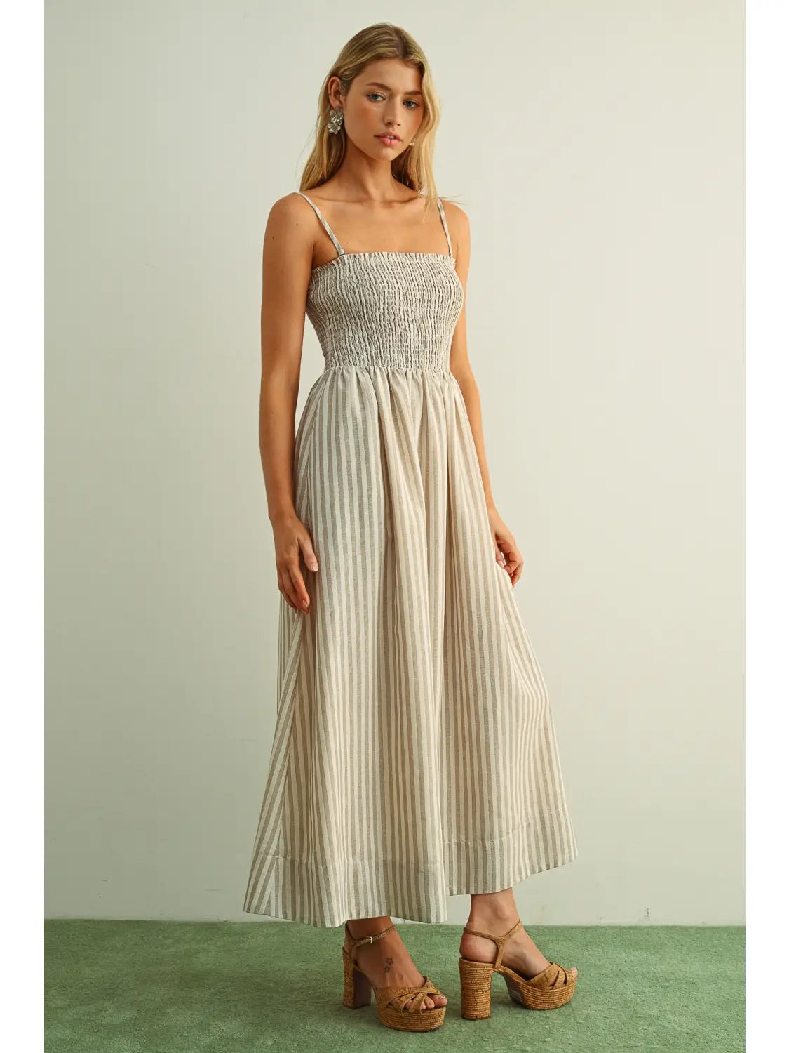 Miou Muse Striped Smocked Bodice Maxi Dress in Tan - Little Miss Muffin Children & Home