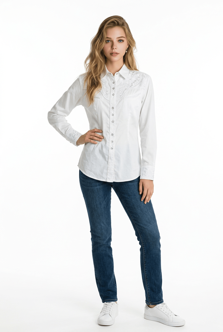 Rockmount Ranch Wear Women's Vintage White-on-White Tooling Embroidered Western Shirt - Little Miss Muffin Children & Home
