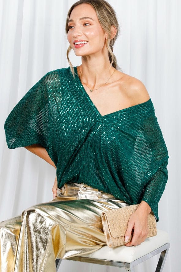 Vine & Love Vine & Love Allover Sequin V-Neck Dolman Sleeve Blouse in Hunter Green - Little Miss Muffin Children & Home