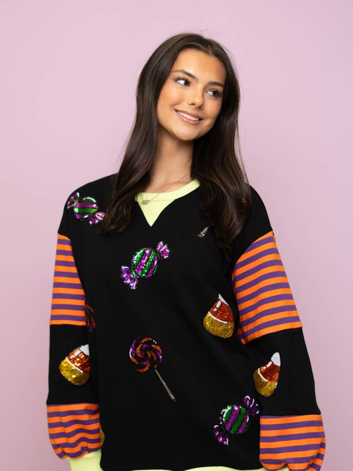 Women's Trick or Treat Sequin Design Striped Sleeve Black Pullover
