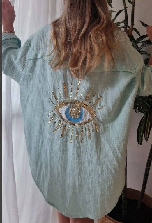 Loowie Loowie Mint Oversized Evil Eye Gauze Cotton Shirt - Little Miss Muffin Children & Home