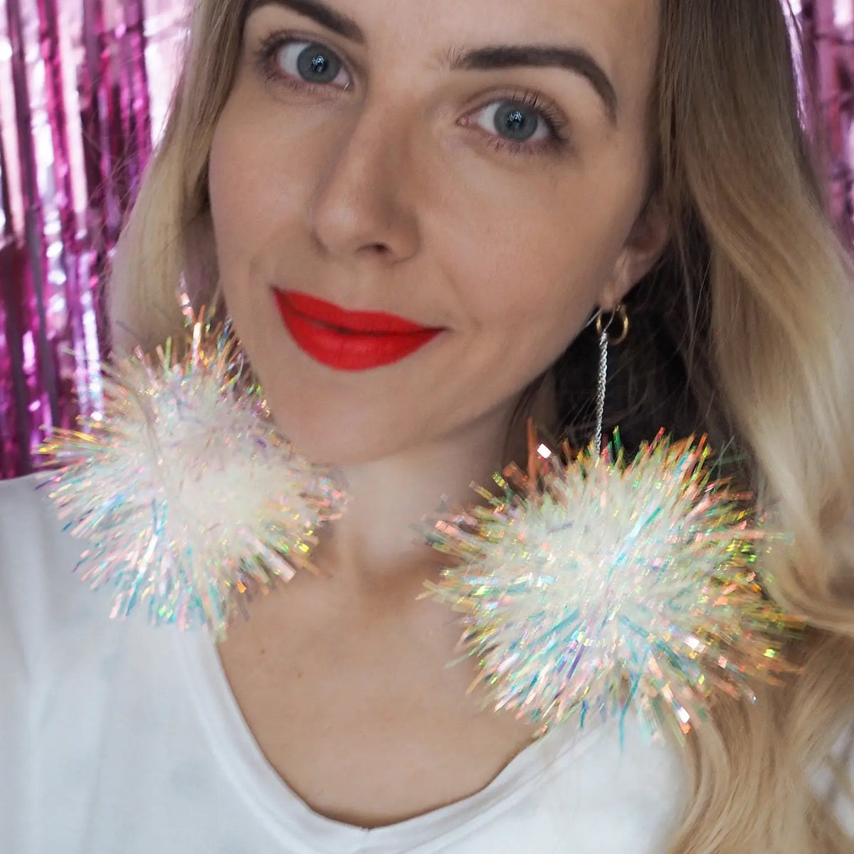 Fat Pom Poms Iridescent Tinsel Earrings - Little Miss Muffin Children & Home