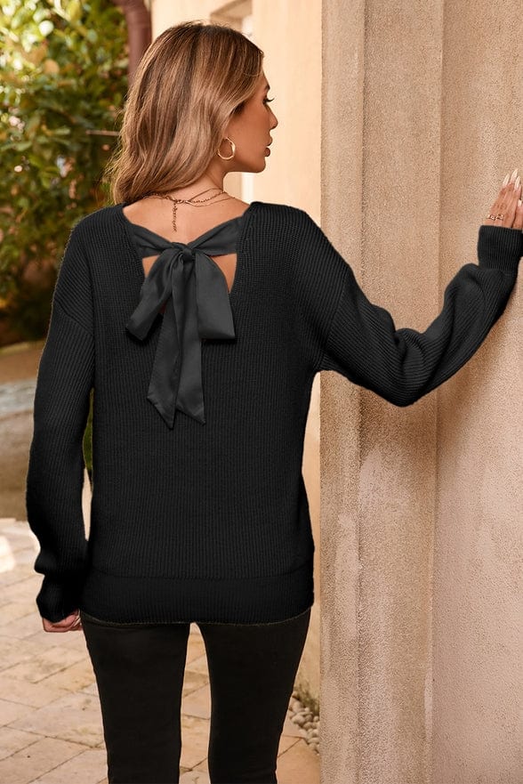 Little Daisy Closet LDC Lantern Sleeve V Neck Knot Back Sweater in Black - Little Miss Muffin Children & Home