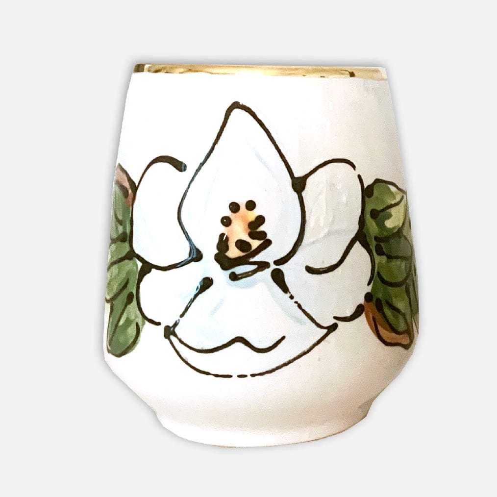 Magnolia Creative Co hand-painted magnolia stemless wine glass with 22k gold