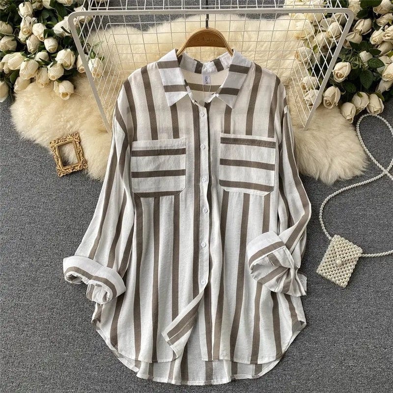 FurDecoration Casual Khaki & White Striped Loose Blouse - Little Miss Muffin Children & Home