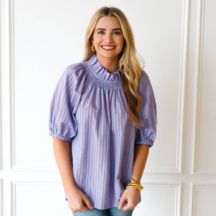 blue and red striped high neck blouse