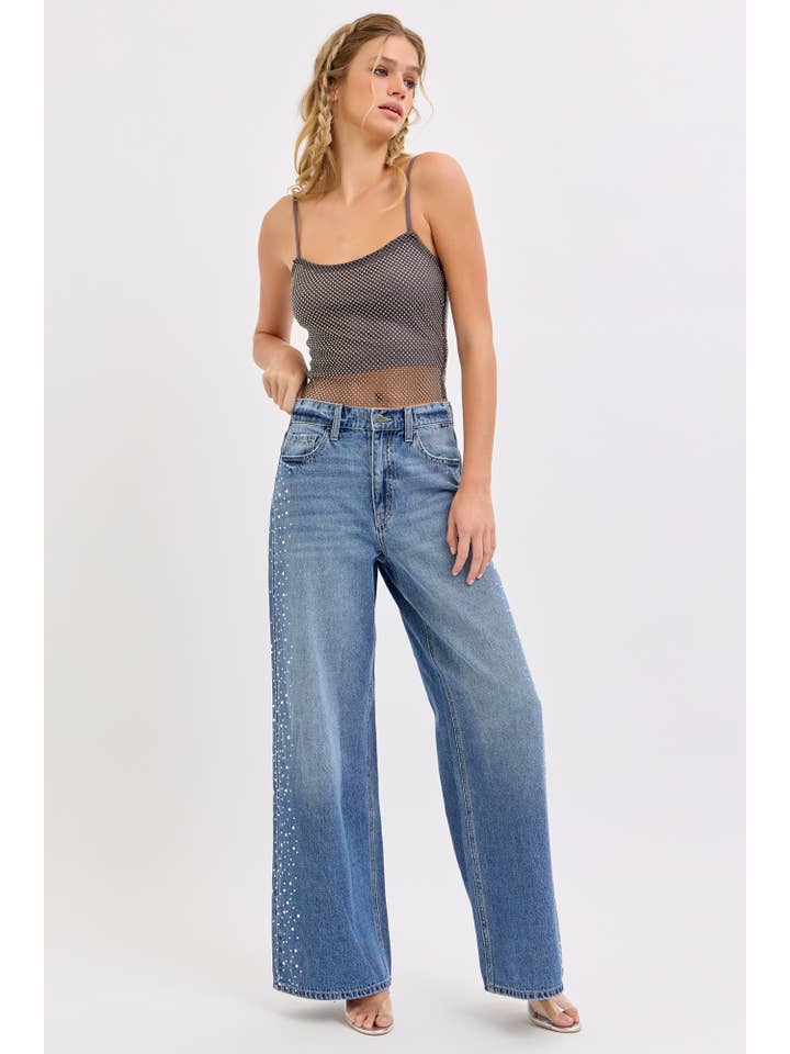 Cello Jeans High Rise Wide Leg Jeans with Rhinestone Trim - Little Miss Muffin Children & Home