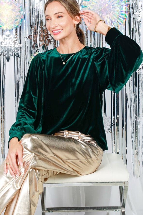 Vine & Love Vine & Love Long Balloon Sleeve Round Neck Velvet Blouse Top in Hunter Green - Little Miss Muffin Children & Home