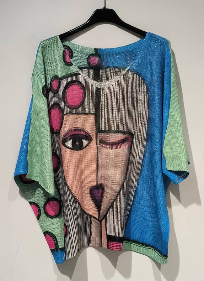 Blue Picasso Art Knit Sweater | Abstract Face Print | 3/4 Dolman Sleeves