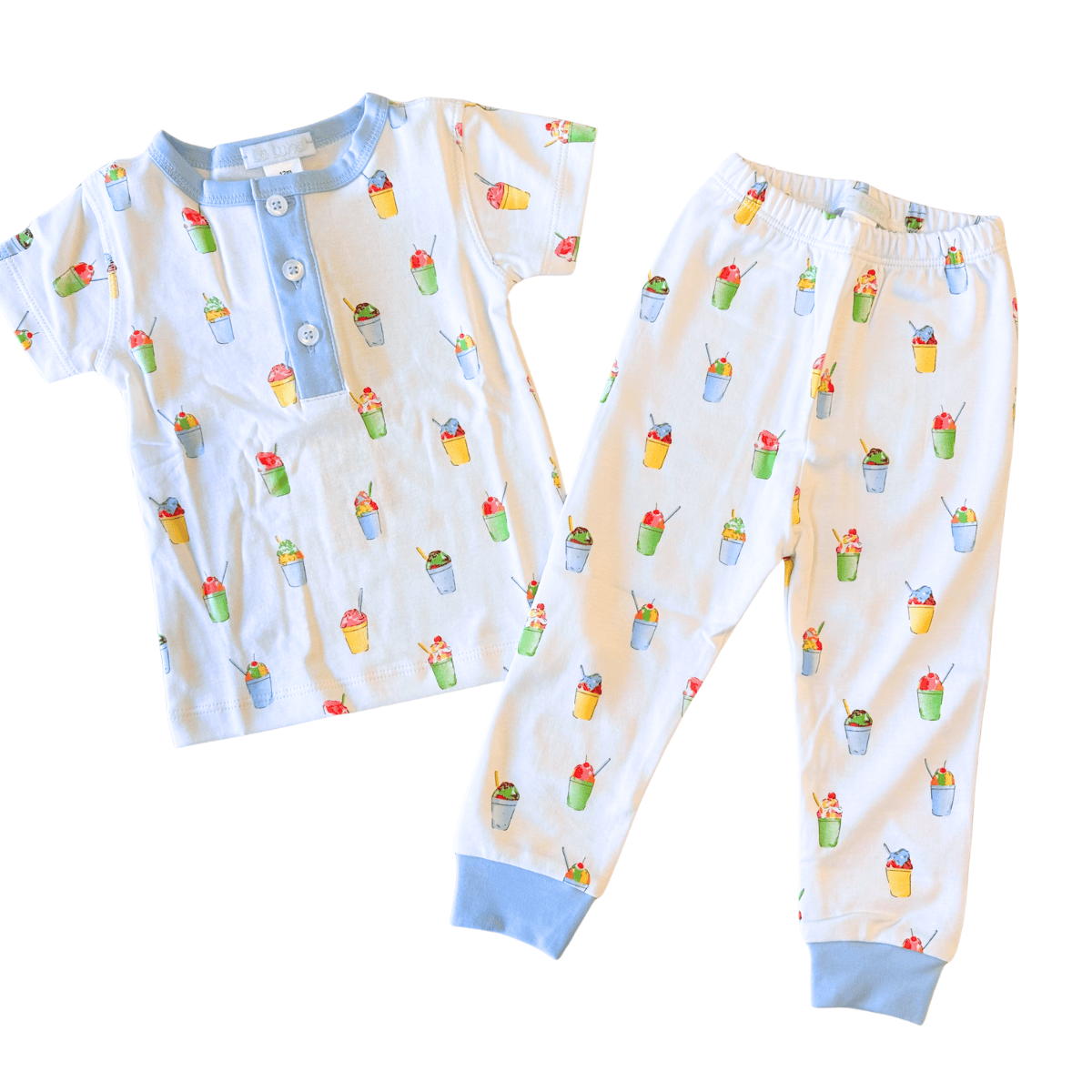 Lulu Bebe Snowball Cup Short Sleeve Pajama Set with Blue Trim - Little Miss Muffin Children & Home