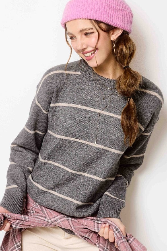 La Miel La Miel Loose Fit Striped Long Sleeve Sweater in Pebble - Little Miss Muffin Children & Home