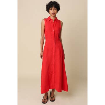Aimme Button-Front Linen Maxi Dress in Red