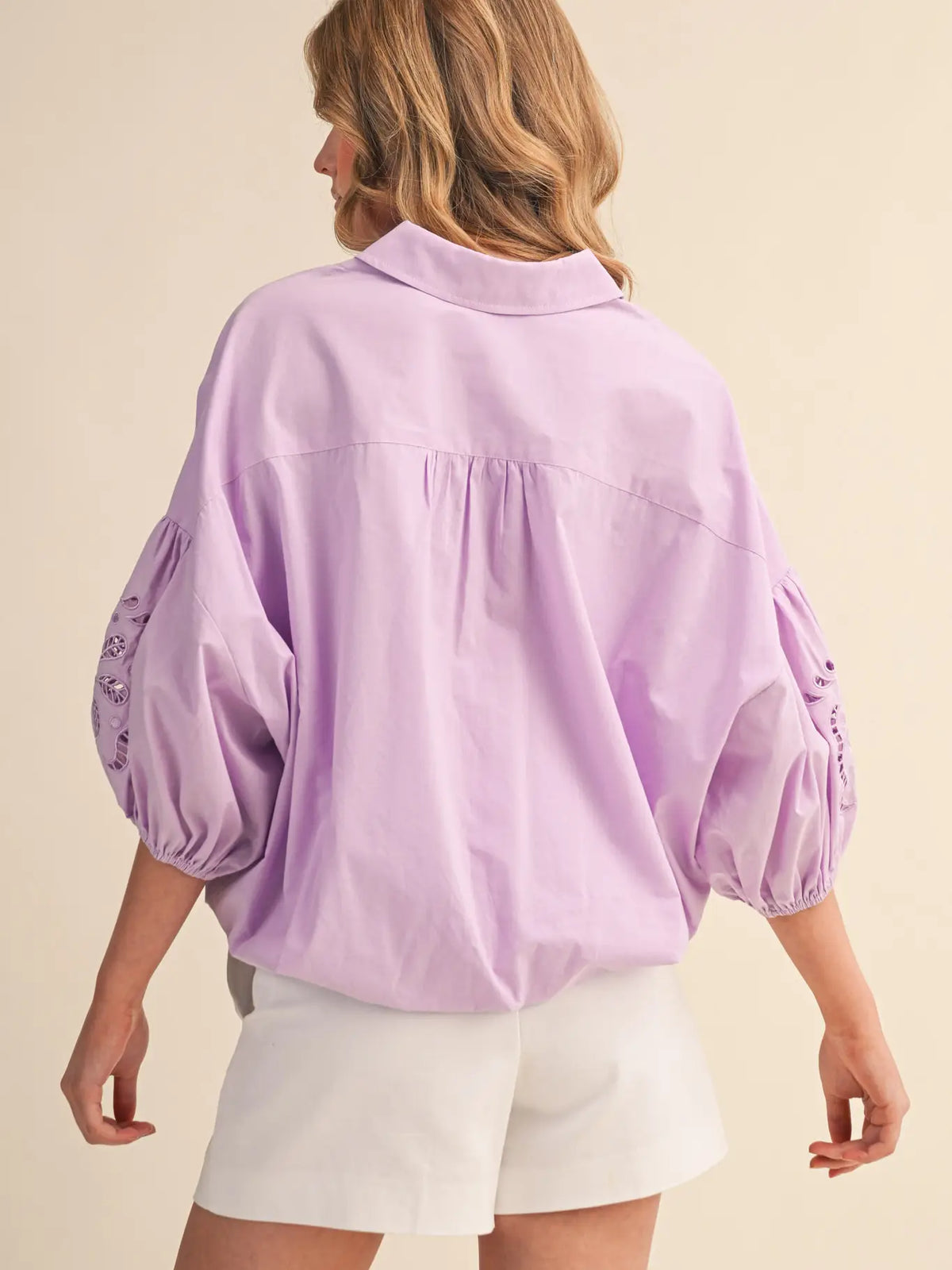 Eyelet Embroidered Puffy Sleeve Button Dow Top in Sweet Lilac