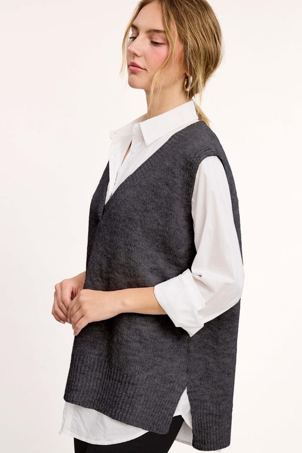 La Miel La Miel Oversized Knit Deep V-Neck Sweater Vest in Black Sesame - Little Miss Muffin Children & Home