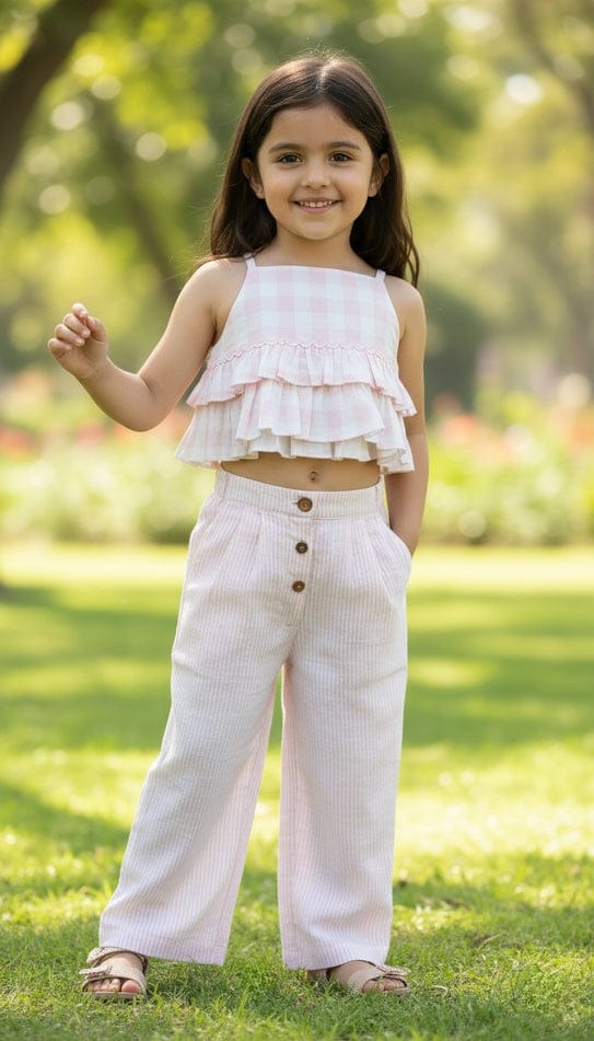 Pastel Pink Check Girls Ariana Top & Pants Set