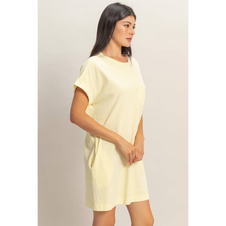 Double Zero Short Sleeve T-Shirt Dress with Side Pockets in Pale Yellow - Little Miss Muffin Children & Home