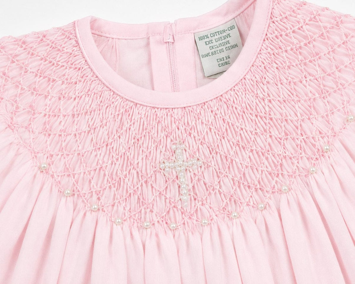 Carriage Boutique Baby Girl Hand Smocked with Pearl Cross Pink Christening Bishop Dress with Bonnet – Carriage Boutique - Little Miss Muffin Children & Home