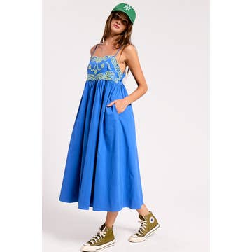Camellia Embroidered Midi Dress in Royal Blue