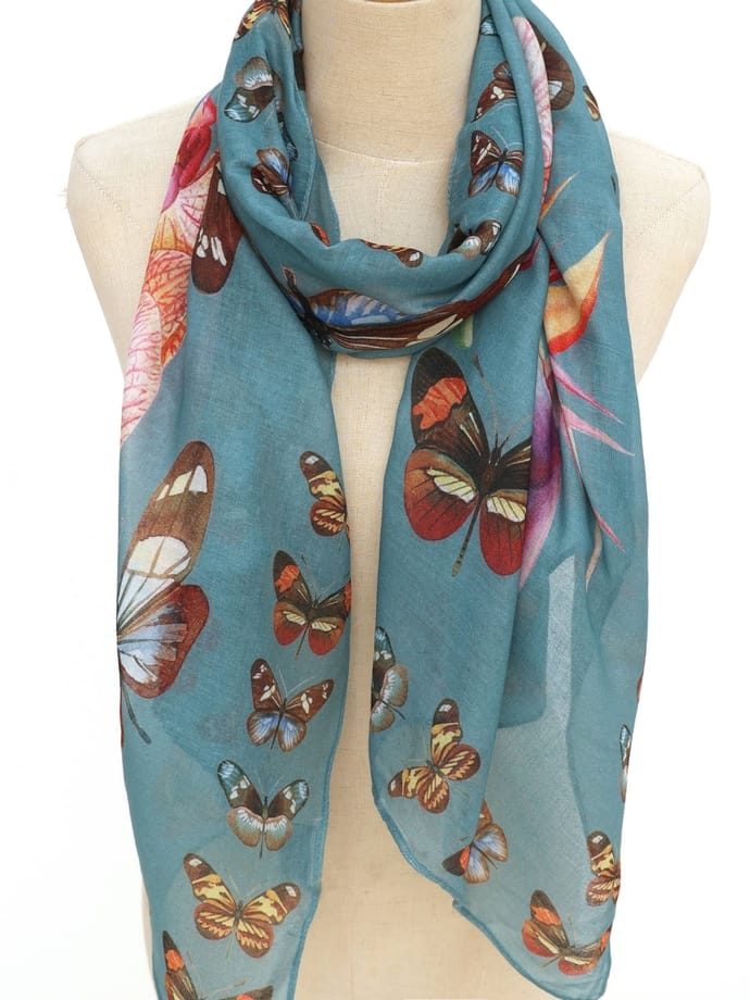 JC Sunny Fashion Teal-Multi Butterfly Orchid Bird of Paradise Floral Scarf - Little Miss Muffin Children & Home