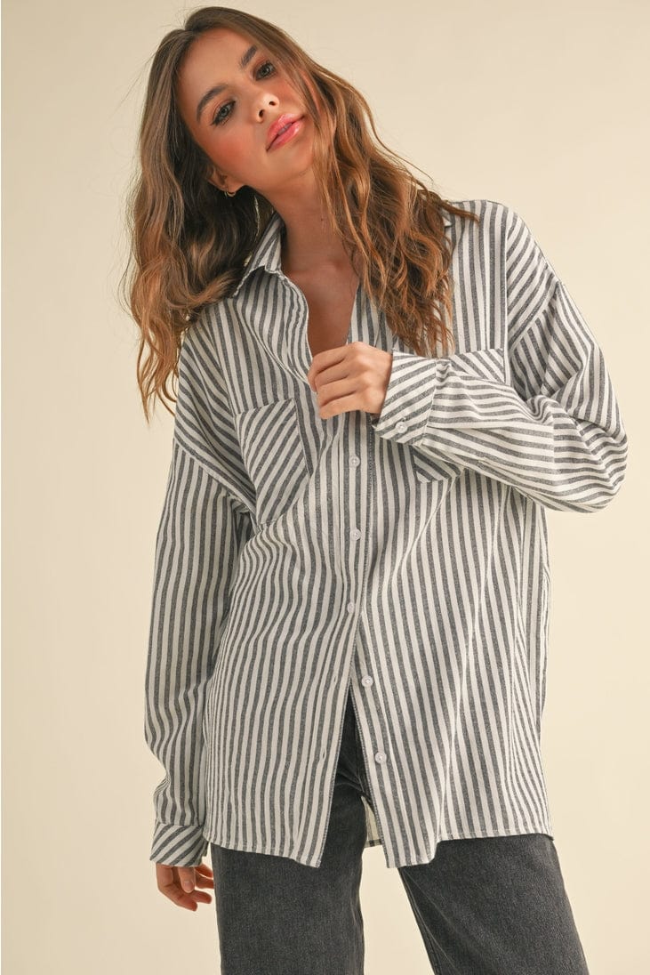 Miou Muse Striped Button Down Boyfriend Shirt in Black - Little Miss Muffin Children & Home