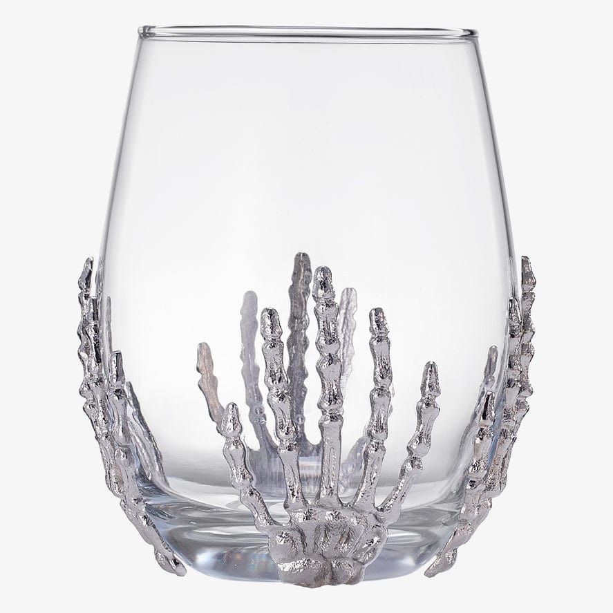 Stemless wine glass with skeleton hand design by The Wine Savant