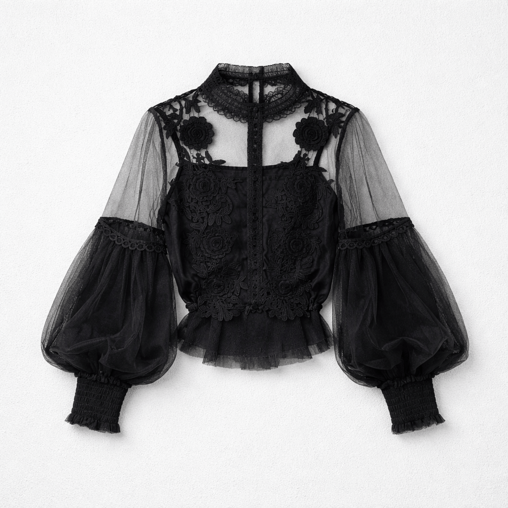 Rosa Clothing Sheer Vintage Mesh Balloon Sleeve Top with Cami in Black - Little Miss Muffin Children & Home
