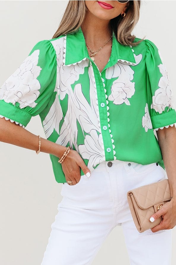 Aapparella Floral Ric Rac Edge Puff Sleeve Button Up Top in Green - Little Miss Muffin Children & Home